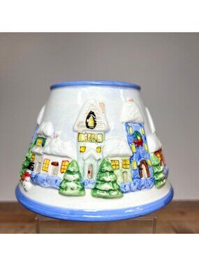 Hand-Painted Ceramic Christmas Village Candle Shade With Winter Scene